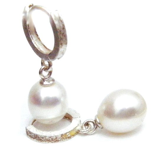 Silver Huggies with White 8mm Drop Pearls